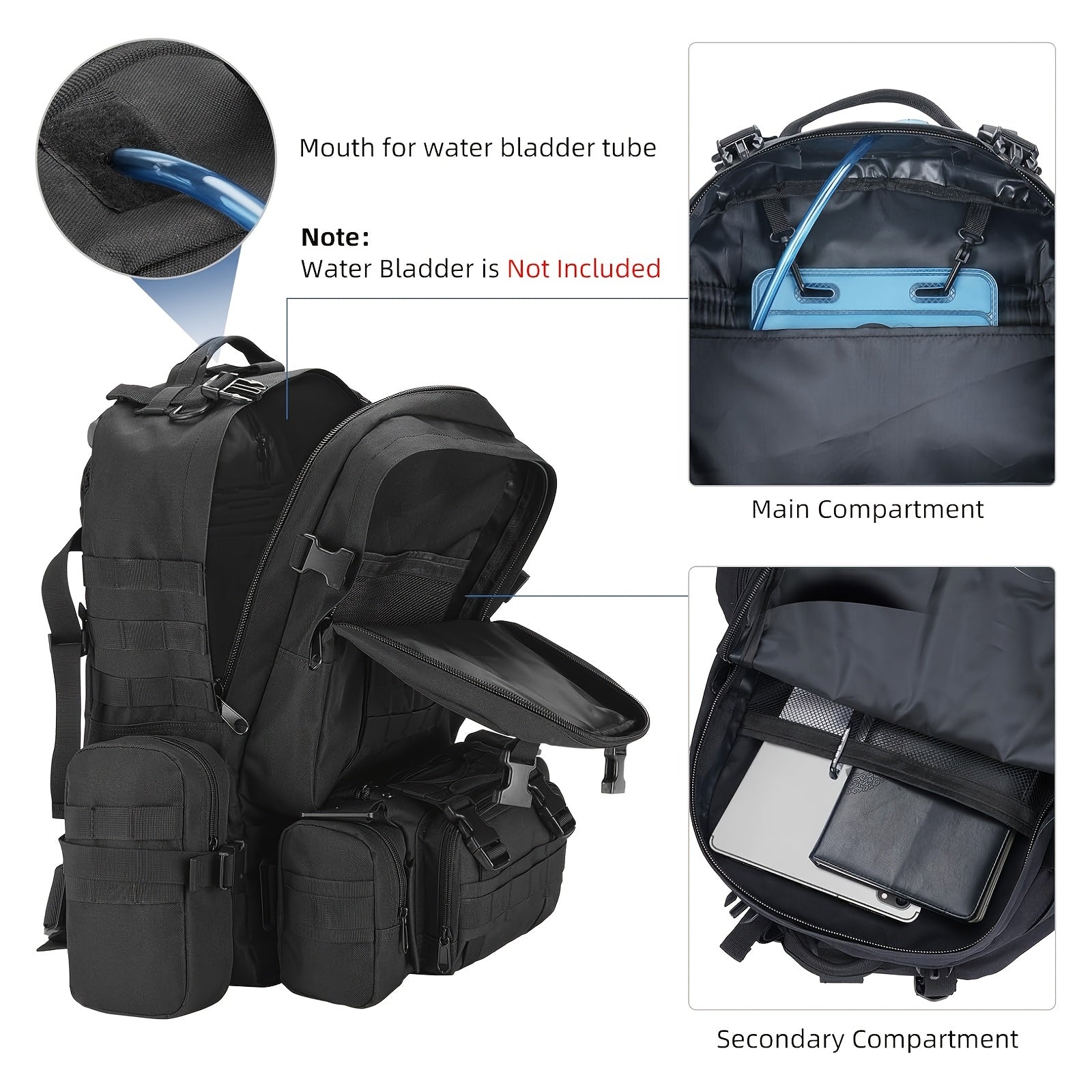 EZshoot 15.85gal Large Outdoor Backpack - High Quality & Scratch-Resistant 900D Oxford, Detachable Hydration Pouch & Crossbody Bag, MOLLE Webbing System with 8 Carabiners & 4 D-Rings, Adjustable Padded Straps for Hunting, Cam