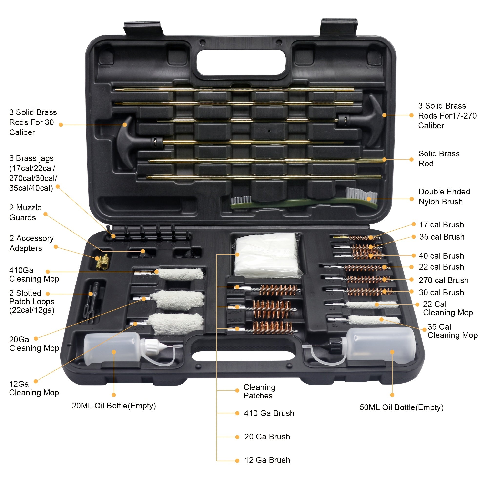 Gun Cleaning Kit with Oil Pot - Heavy-Duty Plastic Case, Multi-Tool Set for Shotguns, Rifles, Pistols - Compatible with 9mm, 12G, 20G, 22LR, 22WLR, Gun Cleaning Kit, Hunting Gear, Minimalist Design, Durable Construction, Outd