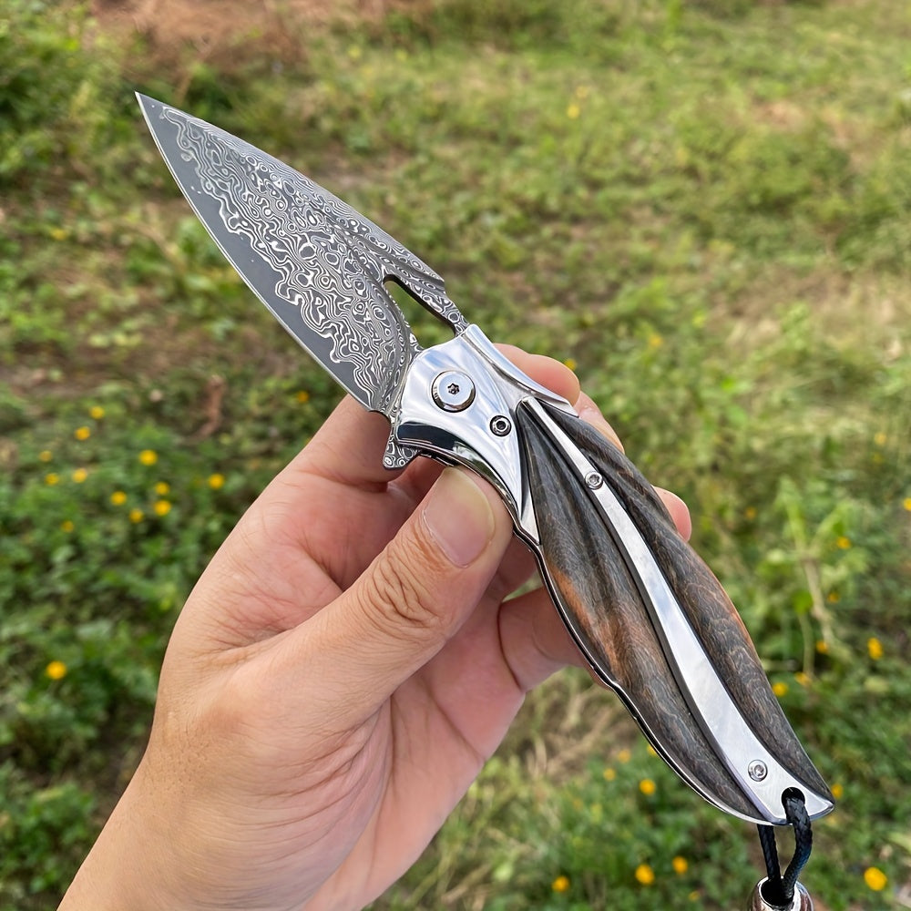 1 Piece, Damascus Steel Folding Pocket Knife, Premium Quality High Hardness Knife With Leather Sheath, Stabilized Cured Wood Handle, EDC Camping And Fishing Knife, Great For Adventure, Outdoor Hiking Tools, Men's Folding Knif