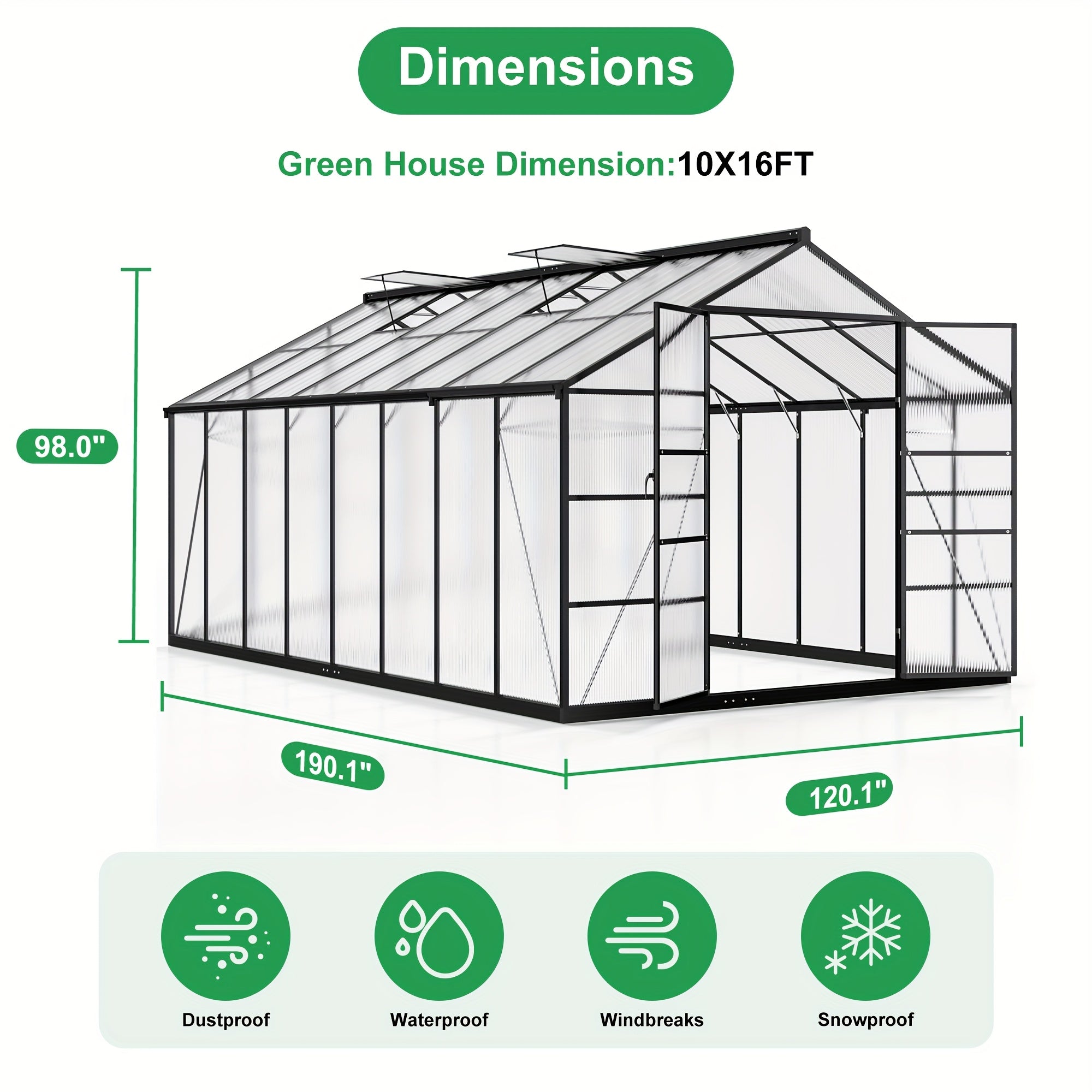 AirWire Heavy-Duty Walk-In Greenhouse with UV-Resistant Polycarbonate Panels & Large Black Aluminum Frame - Easy Assembly, Lockable Door & Roof Vent System, All-Weather Outdoor Garden Greenhouse for Backyard, Balcony, Urban F