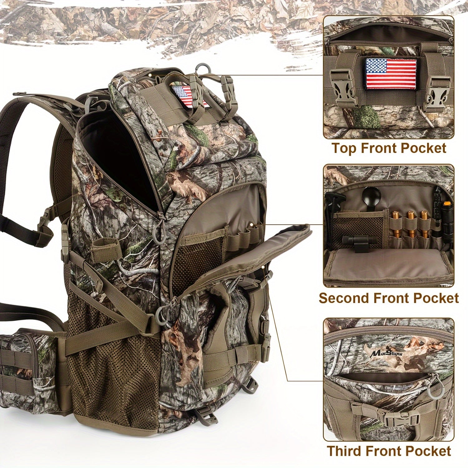 FunVZU High Quality Camo Hunting Backpack with Rain Cover - Large Capacity Softshell Design, Diamond Pattern & American Flag Patch, Adjustable Straps for Rifle, Bow, Gun Hunting Gear