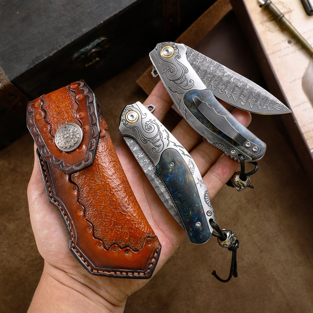 High Quality Men'S Folding Pocket Knife, 3.6 Inch Damascus Steel Folding Knife With Cowhide Sheath, Sea Wave Engraving Pattern, Stabilized Wood Handle With Pocket Clip, Suitable For Camping And Hiking, EDC Expedition Fishing