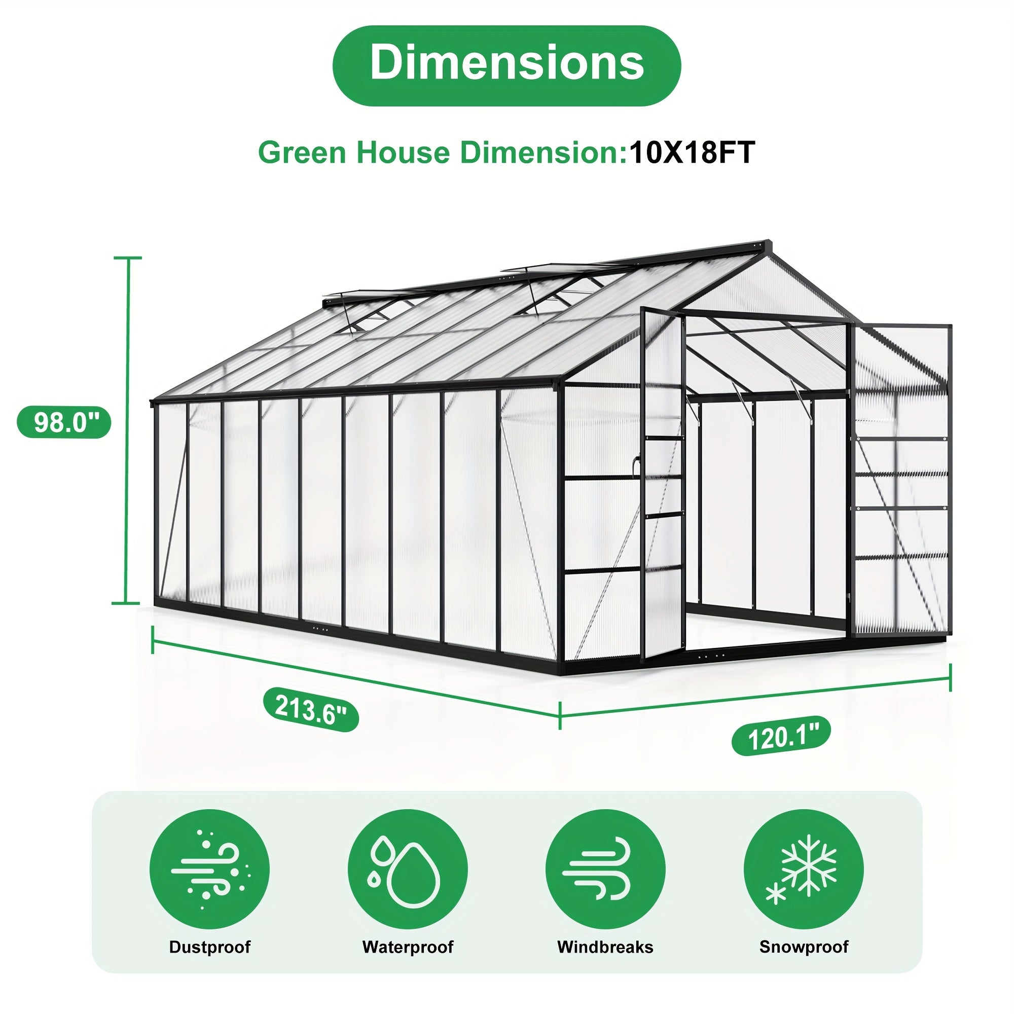 AirWire Heavy-Duty Walk-In Greenhouse with UV-Resistant Polycarbonate Panels & Large Black Aluminum Frame - Easy Assembly, Lockable Door & Roof Vent System, All-Weather Outdoor Garden Greenhouse for Backyard, Balcony, Urban F