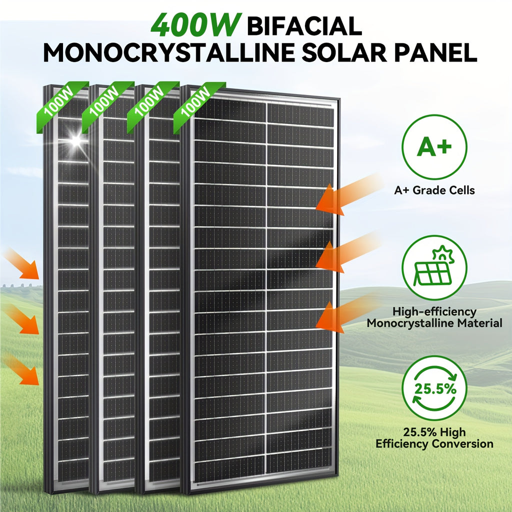 400Watt Bifacial Solar Panels 12V Monocrystalline 4pcs 100W Double Sided Board Solar Systems 25.5% High-Efficiency Module PV Power for Home Rooftop, Camping, Boat, Shed Farm, RV 100W*4