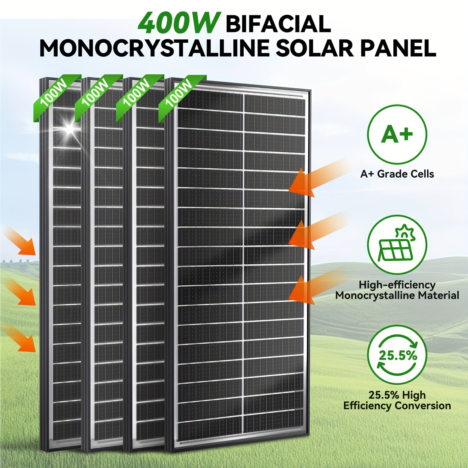 400Watt Bifacial Solar Panels 12V Monocrystalline 4pcs 100W Double Sided Board Solar Systems 25.5% High-Efficiency Module PV Power for Home Rooftop, Camping, Boat, Shed Farm, RV 100W*4