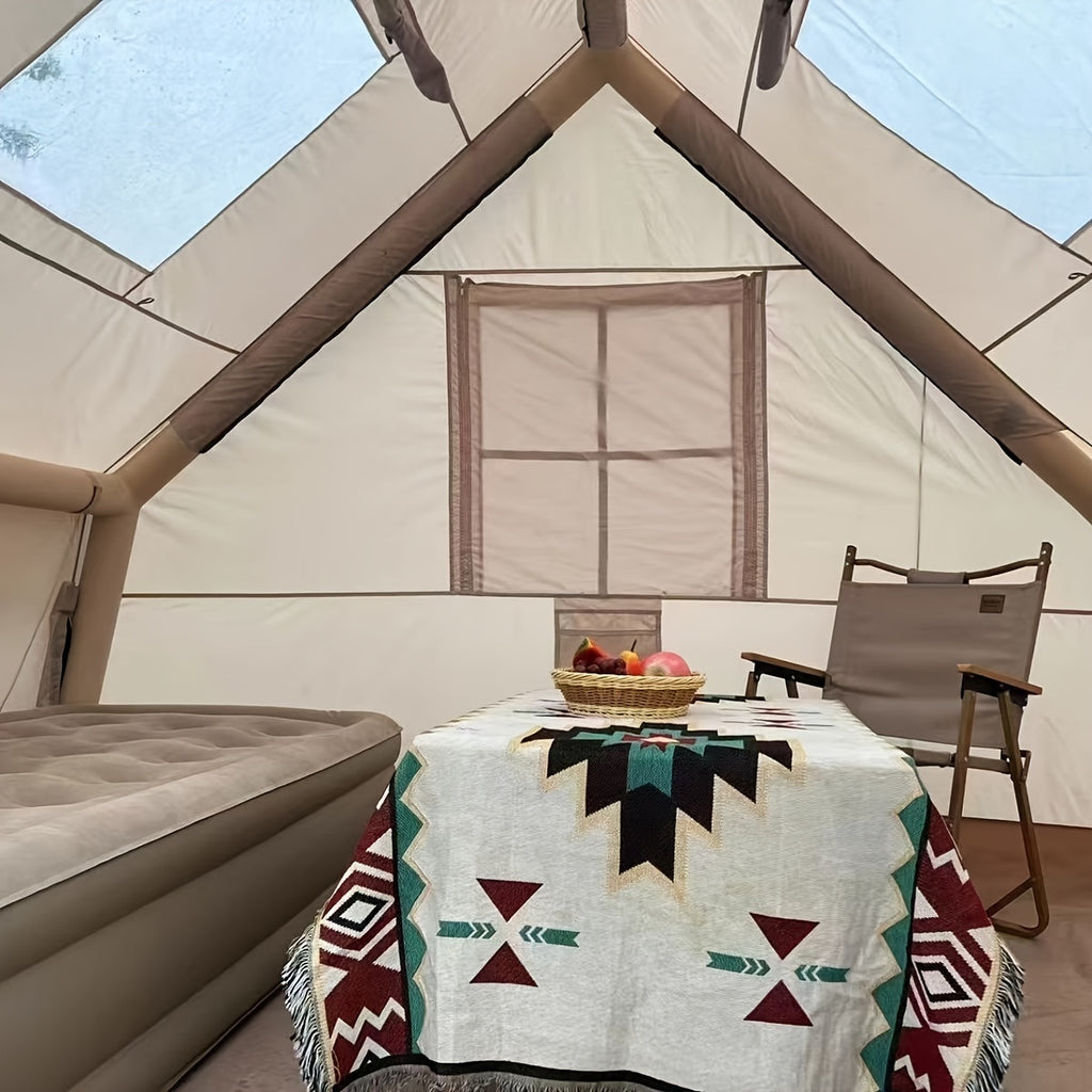 Inflatable Camping Tents With Hand Pump, Air Glamping Tents, Easy Setup Waterproofand Windproof Blow Up Tent, 4 Seasons Oxford Cabin Tent With Mesh & ChimneyWindow.