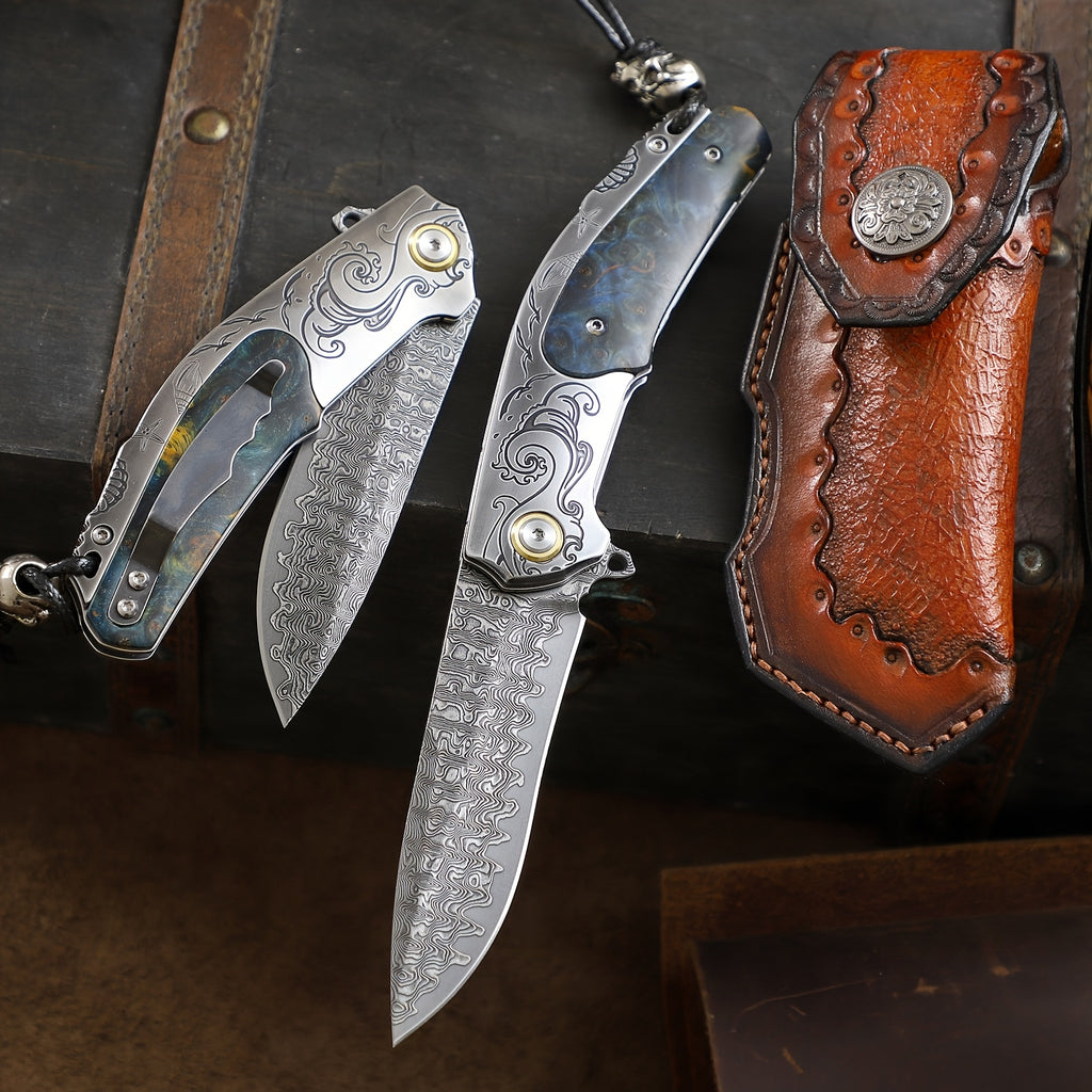 High Quality Men'S Folding Pocket Knife, 3.6 Inch Damascus Steel Folding Knife With Cowhide Sheath, Sea Wave Engraving Pattern, Stabilized Wood Handle With Pocket Clip, Suitable For Camping And Hiking, EDC Expedition Fishing