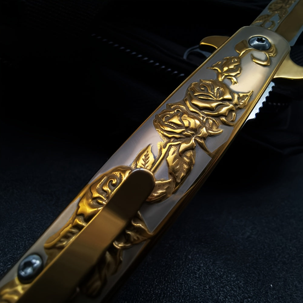 Taumas Golden-Tone Pocket Knife with Rose Engraving, Foldable Design & Back Clip - Perfect Gift for Men