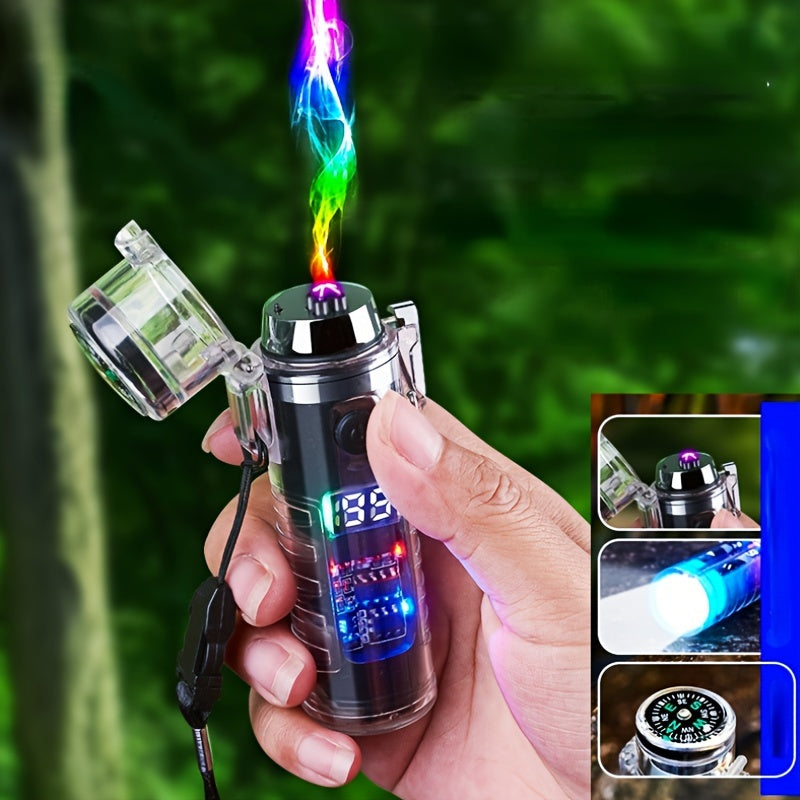 Rechargeable Electric Lighter - LED Intelligent Compass, Double Arc Flameless Fire, USB Powered, Portable, Water-Resistant, LED Flashlight, Exquisite Gift for Outdoor Enthusiasts, Men and Women, Perfect for Survival, Camping,