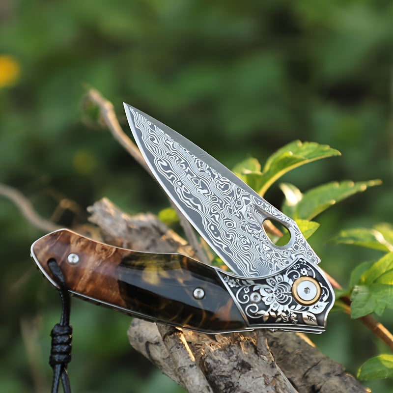 Elite Damascus Steel Pocket Knife - High-Carbon, Razor-Sharp, Ergonomic Maple Handle, Premium Sheath, Ultimate Camping, Survival, Mountaineering, Hiking, Fishing, EDC Companion for Men and Women