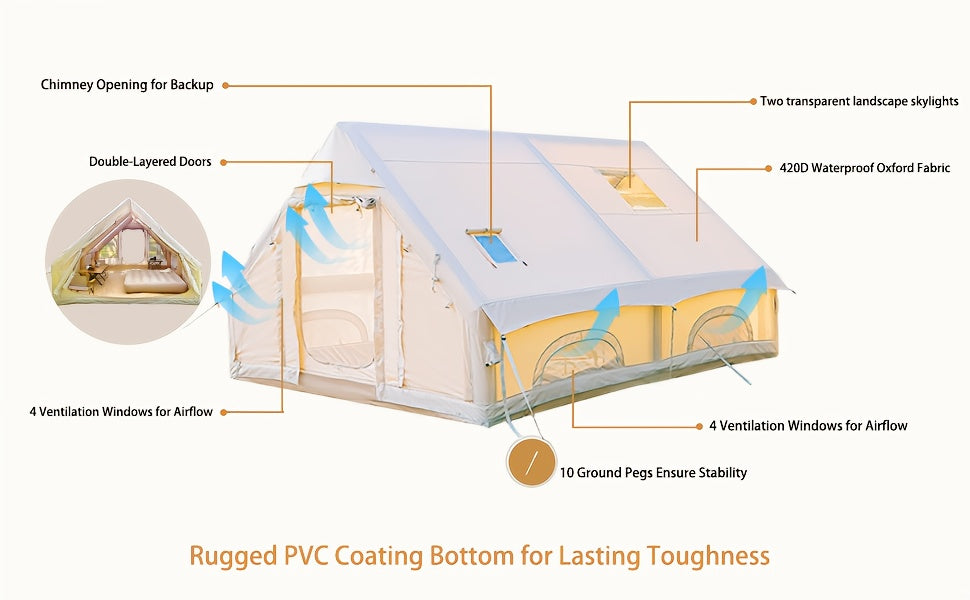 8-10 Person Inflatable Camping Tents, 129 SqFt Large Air Tent, Winter Blow Up Tent with Stove Pipe Port, 4-Season Glamping Tent with Large Mesh Windows& Zipper Closure, for Couples, Group And Family