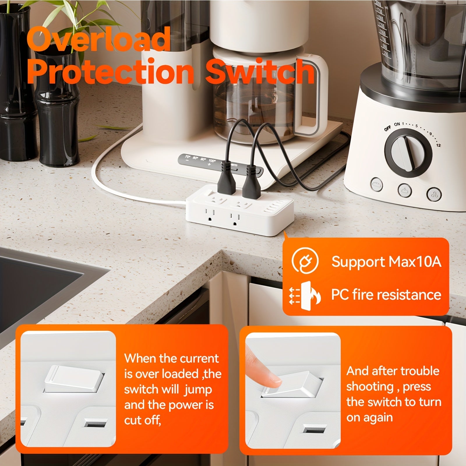 Compact Surge Protector Power Strip with 8 AC Outlets & 6 USB Ports (4 USB A & 2 USB C), 3-Inch Short Extension Cord, 45° Right Angle Flat Head Design for Home, Office, Dorm, and Travel, Dorm Room Organizer | Modern Tech Acc