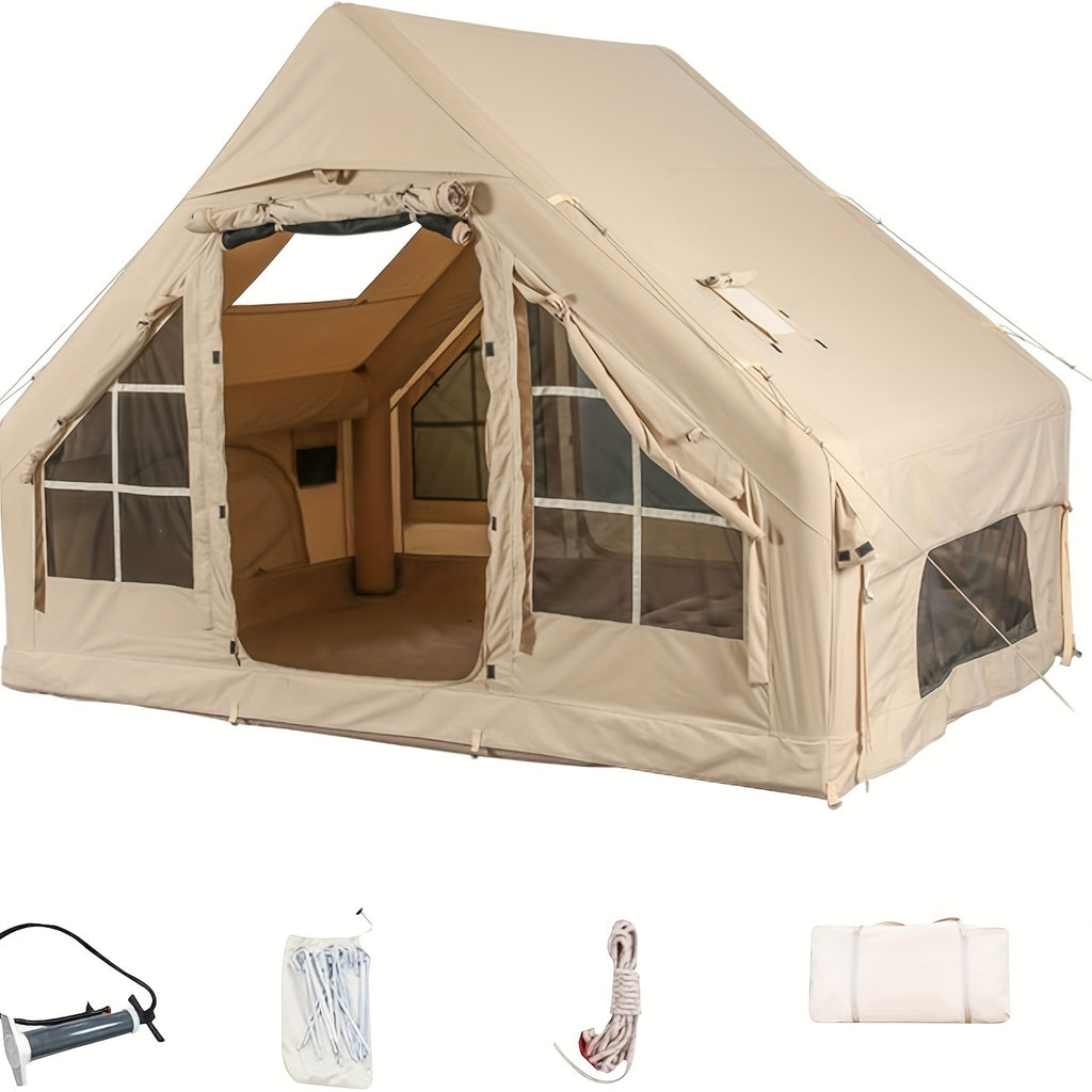 Inflatable Camping Tents With Hand Pump, Air Glamping Tents, Easy Setup Waterproofand Windproof Blow Up Tent, 4 Seasons Oxford Cabin Tent With Mesh & ChimneyWindow.