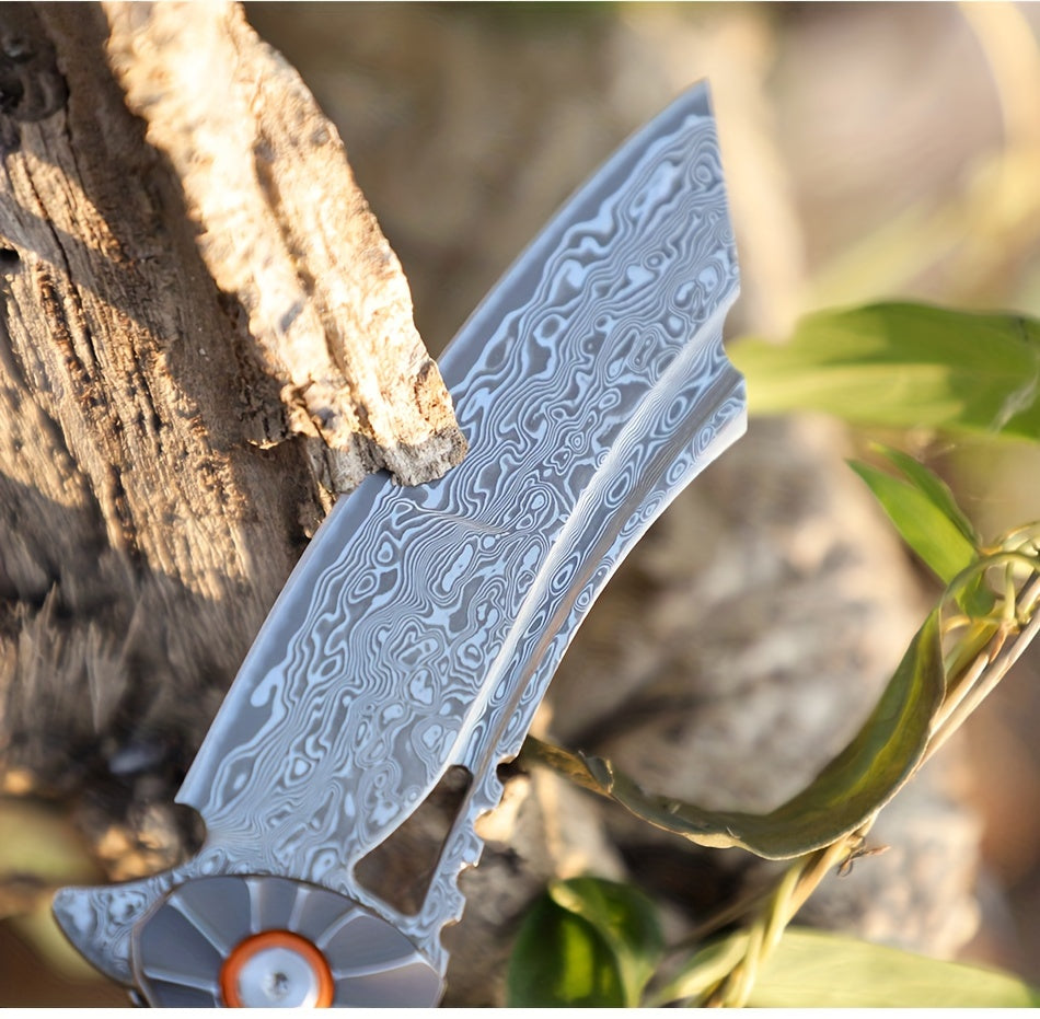 1PC High Quality Handmade Damascus Steel Folding Pocket Knife With Leather Sheath, Pocket Back Clip, Rosewood Handle, Men's EDC Pocket Knife, Outdoor Camping, Mountaineering Adventure, Traveling Fishing Tool Knife