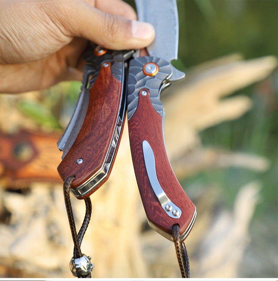 1PC High Quality Handmade Damascus Steel Folding Pocket Knife With Leather Sheath, Pocket Back Clip, Rosewood Handle, Men's EDC Pocket Knife, Outdoor Camping, Mountaineering Adventure, Traveling Fishing Tool Knife