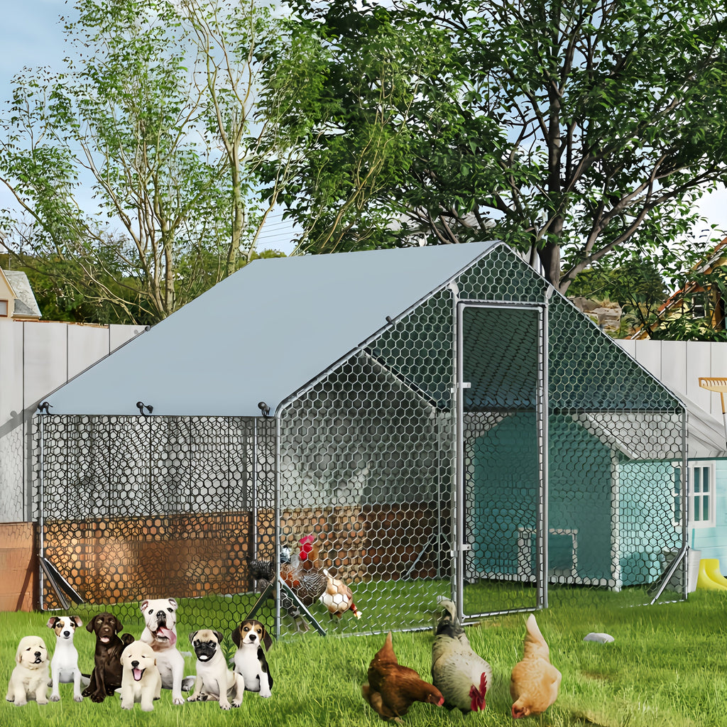 Large Metal Dog Cage & Chicken Coop with Walk-In Access, Spire Roof & Anti-UV Cover - Durable Outdoor Poultry Pen for Backyard Farm, Small Animals, Dogs - Weather-Resistant Design, Weatherproof Construction, Chicken Coop Acce
