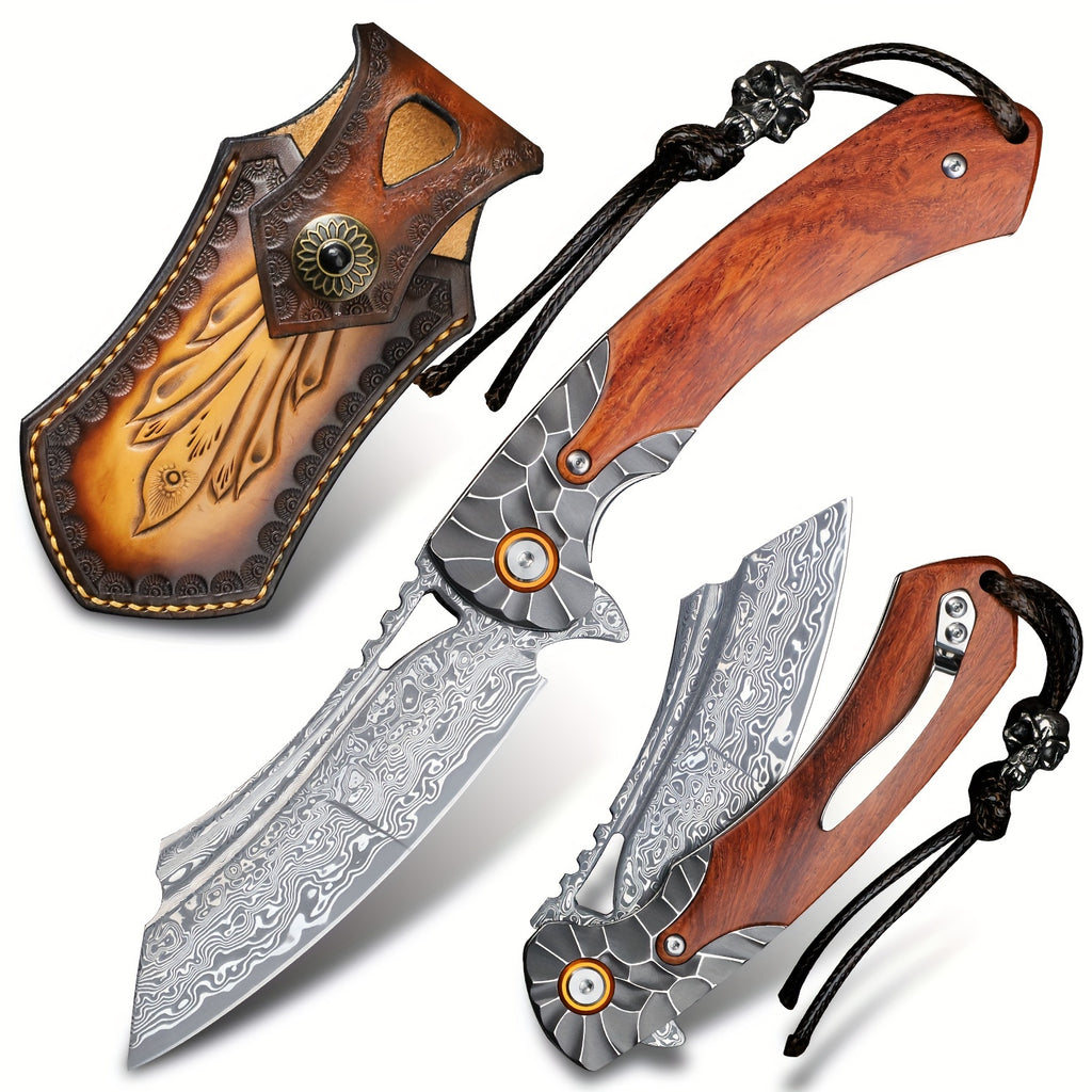 1PC High Quality Handmade Damascus Steel Folding Pocket Knife With Leather Sheath, Pocket Back Clip, Rosewood Handle, Men's EDC Pocket Knife, Outdoor Camping, Mountaineering Adventure, Traveling Fishing Tool Knife