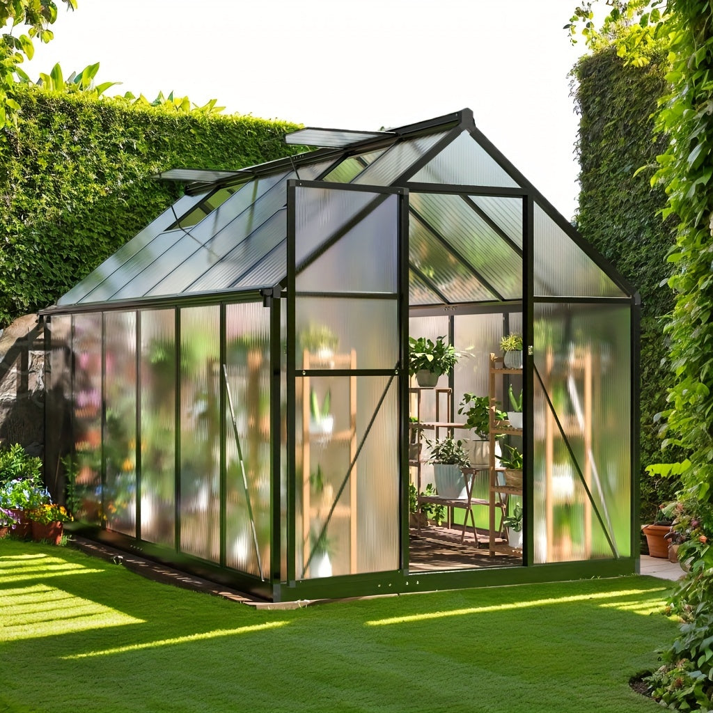 AirWire Heavy-Duty Walk-In Greenhouse with UV-Resistant Polycarbonate Panels & Large Black Aluminum Frame - Easy Assembly, Lockable Door & Roof Vent System, All-Weather Outdoor Garden Greenhouse for Backyard, Balcony, Urban F