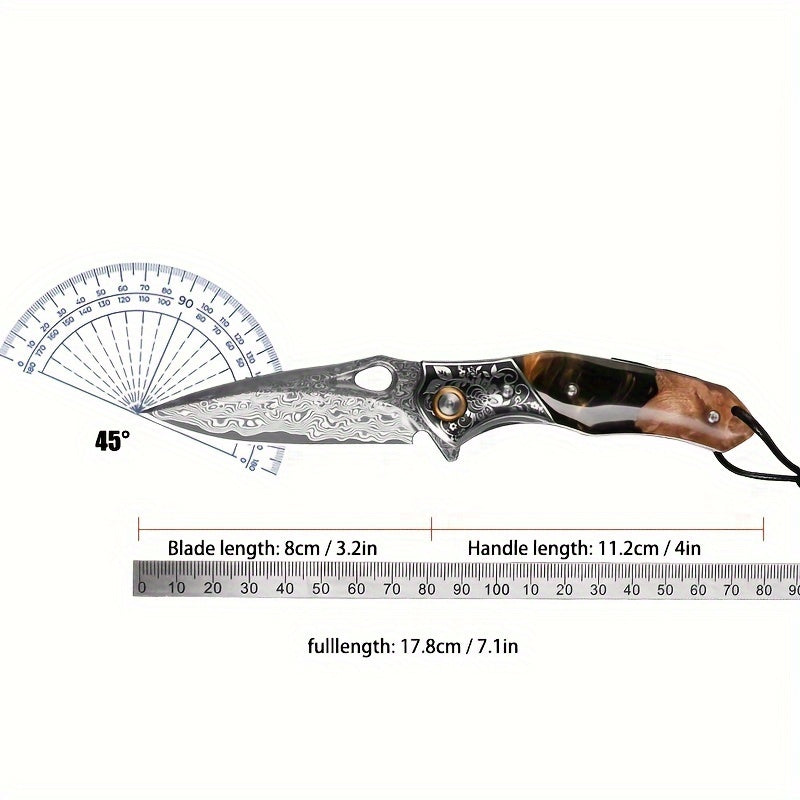 Elite Damascus Steel Pocket Knife - High-Carbon, Razor-Sharp, Ergonomic Maple Handle, Premium Sheath, Ultimate Camping, Survival, Mountaineering, Hiking, Fishing, EDC Companion for Men and Women