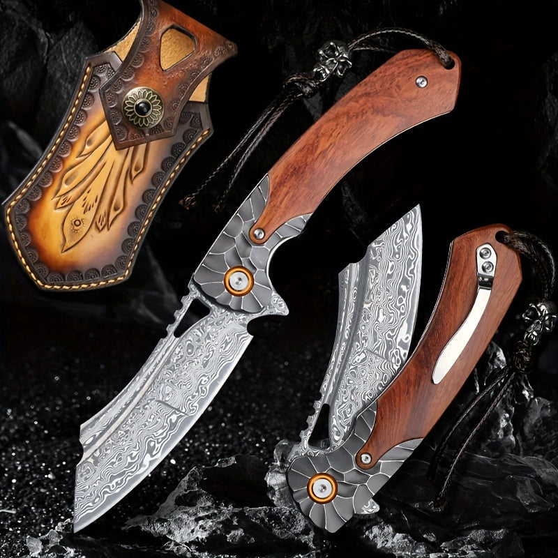 1PC Handmade High Quality Damascus Steel Pocket Knife, High Hardness Sharp Blade, Men's Folding Knife With Leather Sheath, Liner Lock, Red Sourwood Handle, Pocket Clip, EDC Outdoor Camping, Mountaineering Travel Carrying Tool