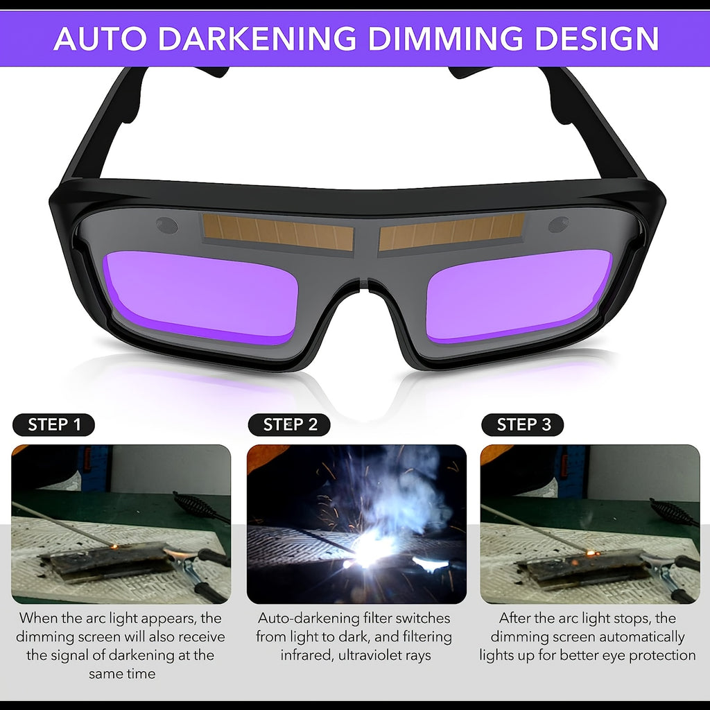 1 Set Automatic Dimming Welding Glasses With 5pcs Protective Film, Solar Powered Auto Darkening Welding Glasses, Welder Glasses For TIG MIG ARC Grinding Plasma, Auto Darkening Anti- Eyes Shield, Storage Box With Cloth, Glasse
