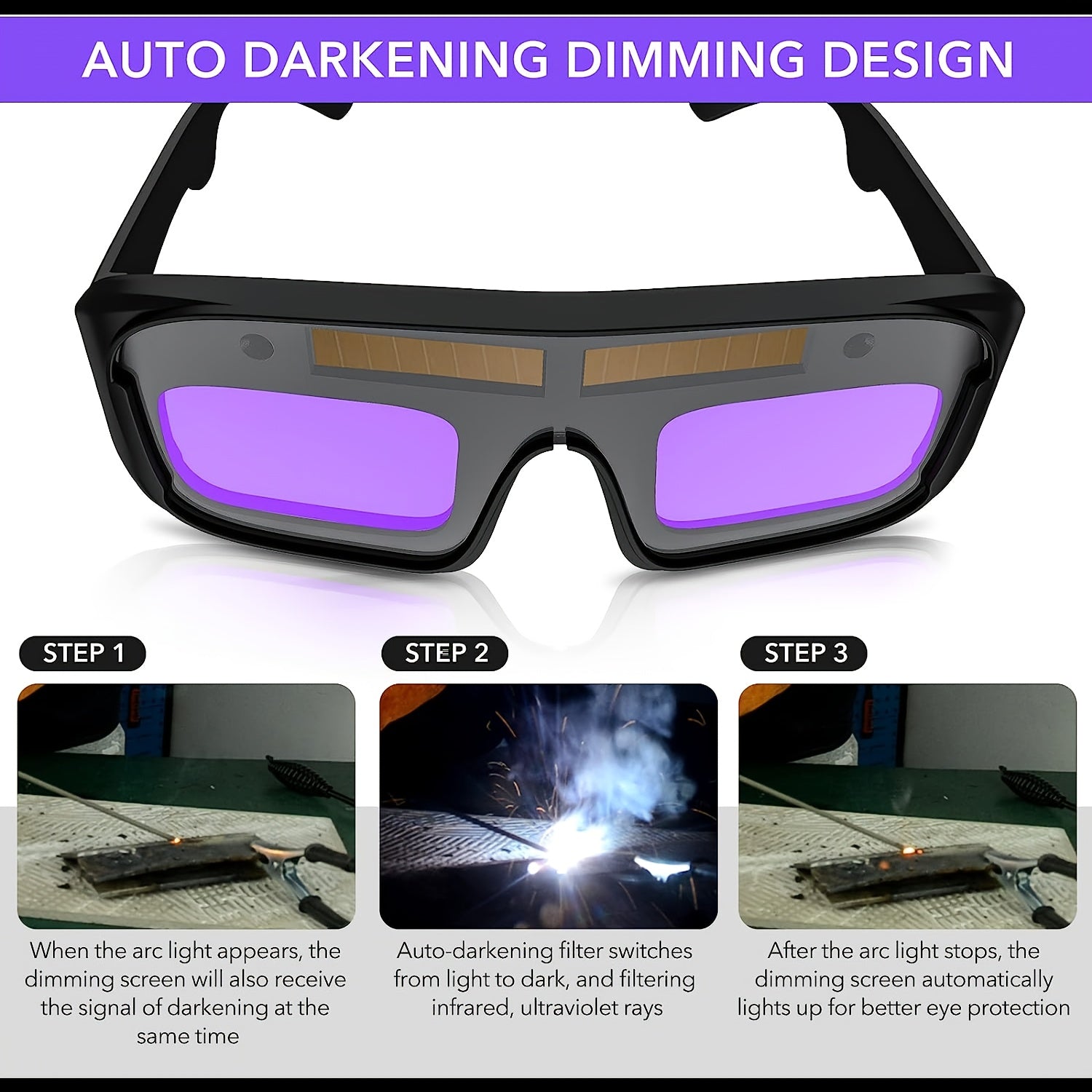 1 Set Automatic Dimming Welding Glasses With 5pcs Protective Film, Solar Powered Auto Darkening Welding Glasses, Welder Glasses For TIG MIG ARC Grinding Plasma, Auto Darkening Anti- Eyes Shield, Storage Box With Cloth, Glasse