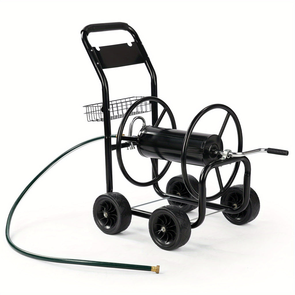 Bonnlo Hose Reel Cart, 4-Wheel Portable, Residential and Durable, Hose Guide System with Storage Basket, Rust Resistant, for Yard, Garden and Farm, Green