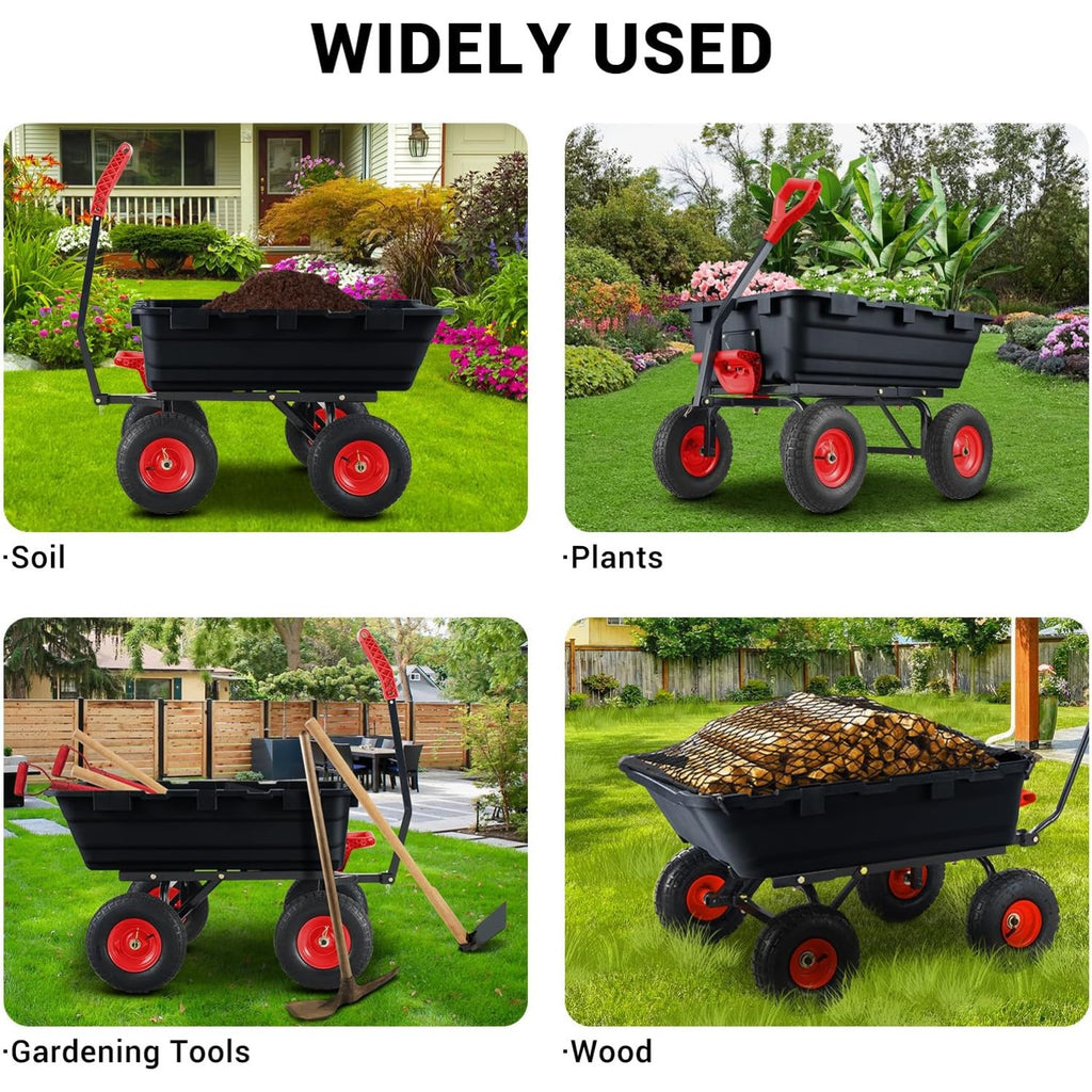 800 Lbs Heavy Duty Garden Dump Cart with Steel Frame & 10" All-Terrain Tires - 4-Wheel Manual Yard Cart, 180° Rotating Handle & Quick-Release System for Soil, Sand, Plants, Mulch, Gravel - Ideal for Farm, Beach, Courtyard Us