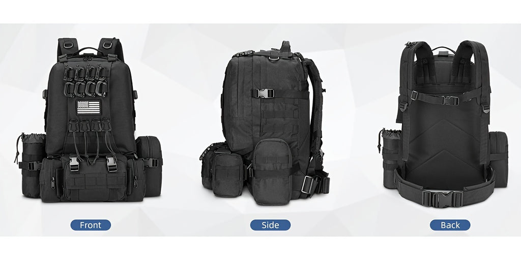 EZshoot 15.85gal Large Outdoor Backpack - High Quality & Scratch-Resistant 900D Oxford, Detachable Hydration Pouch & Crossbody Bag, MOLLE Webbing System with 8 Carabiners & 4 D-Rings, Adjustable Padded Straps for Hunting, Cam