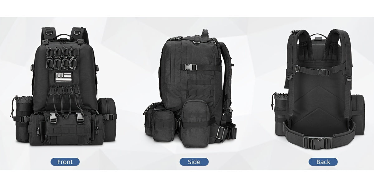 EZshoot 15.85gal Large Outdoor Backpack - High Quality & Scratch-Resistant 900D Oxford, Detachable Hydration Pouch & Crossbody Bag, MOLLE Webbing System with 8 Carabiners & 4 D-Rings, Adjustable Padded Straps for Hunting, Cam