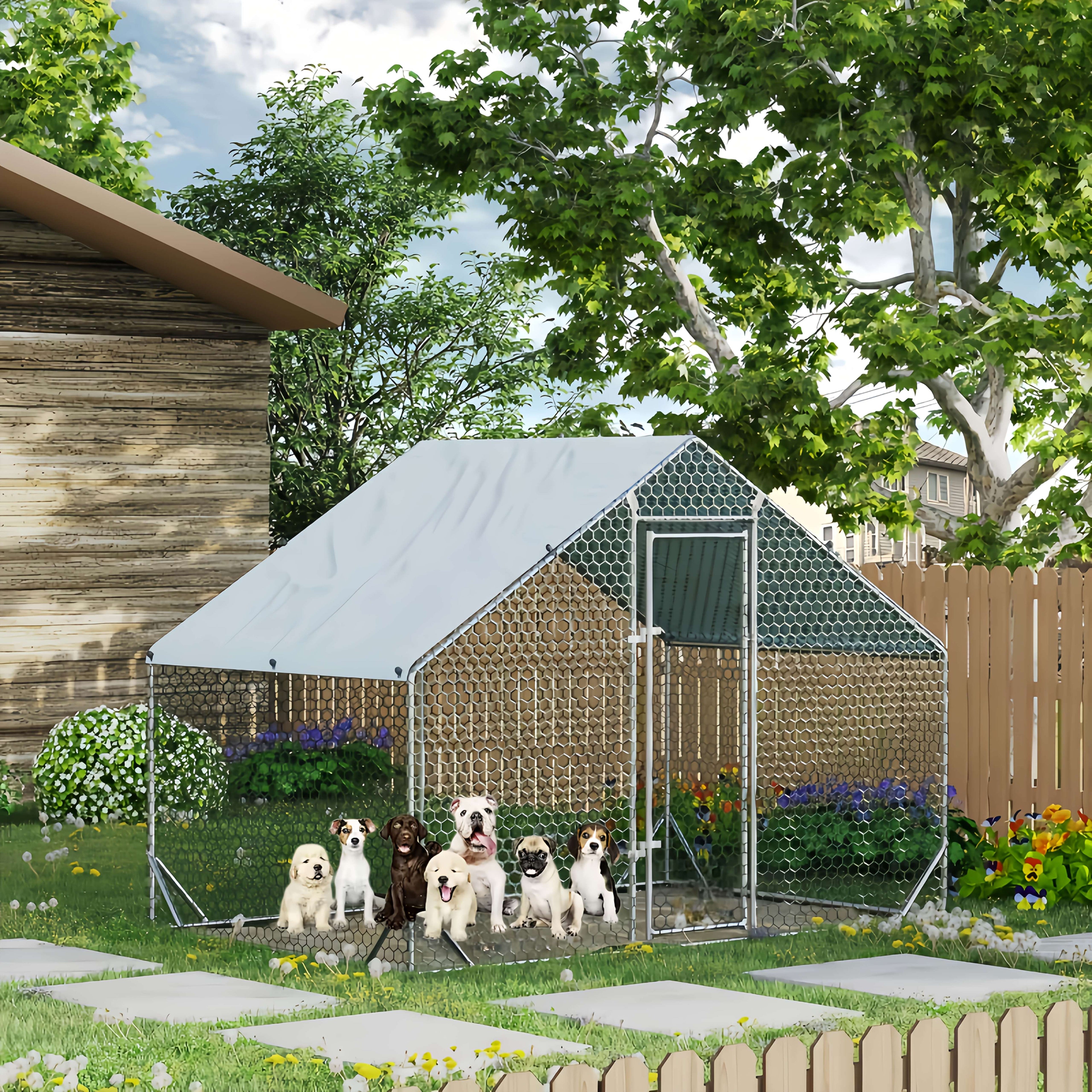 Large Metal Dog Cage & Chicken Coop with Walk-In Access, Spire Roof & Anti-UV Cover - Durable Outdoor Poultry Pen for Backyard Farm, Small Animals, Dogs - Weather-Resistant Design, Weatherproof Construction, Chicken Coop Acce