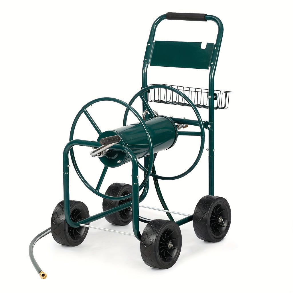Bonnlo Hose Reel Cart, 4-Wheel Portable, Residential and Durable, Hose Guide System with Storage Basket, Rust Resistant, for Yard, Garden and Farm, Green