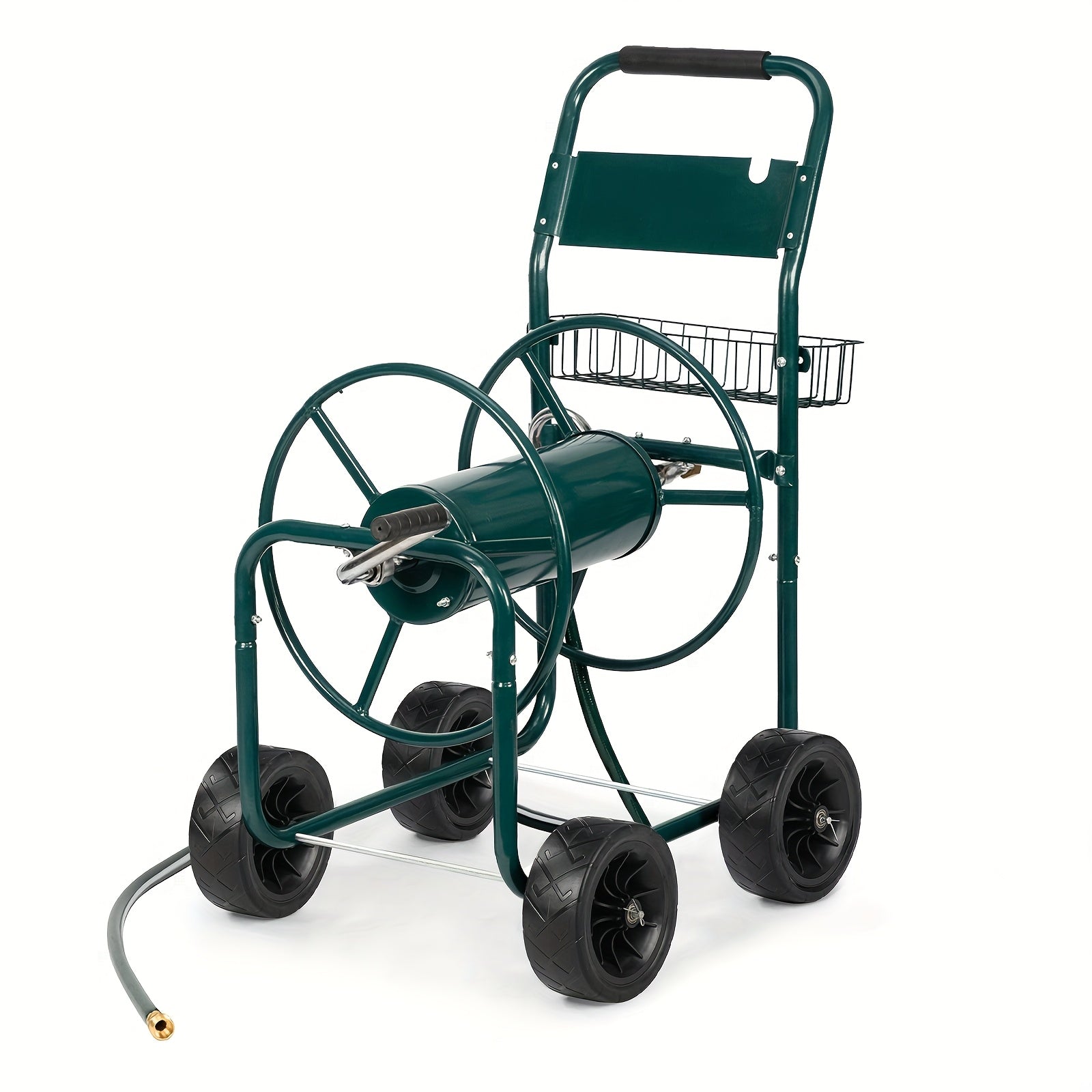 Bonnlo Hose Reel Cart, 4-Wheel Portable, Residential and Durable, Hose Guide System with Storage Basket, Rust Resistant, for Yard, Garden and Farm, Green