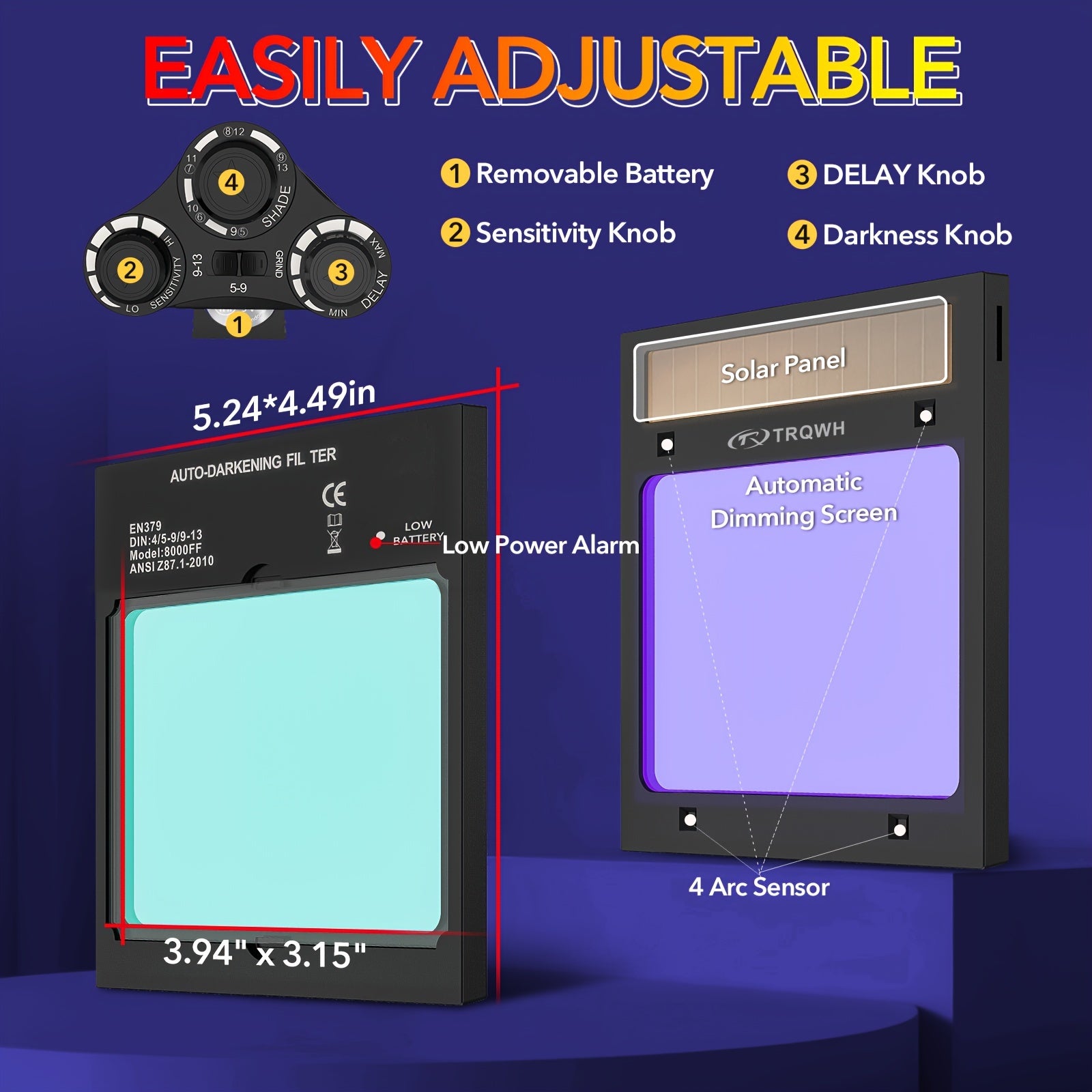 TRQWH Welding Helmet Auto Darkening - Large Viewing True Color Solar Powered Welding Hood With 4 Arc Sensor Adjustable Wide Shade Welder Mask For TIG MIG ARC Weld Plasma Cut Grinding