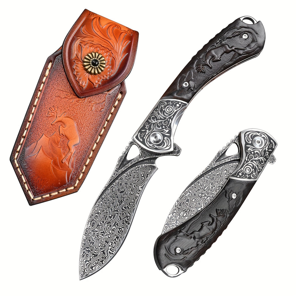 Knives Flipper Folding Damascus Steel Pocket Knife For Men With Leather Cover Outdoor Camping Survival Gear