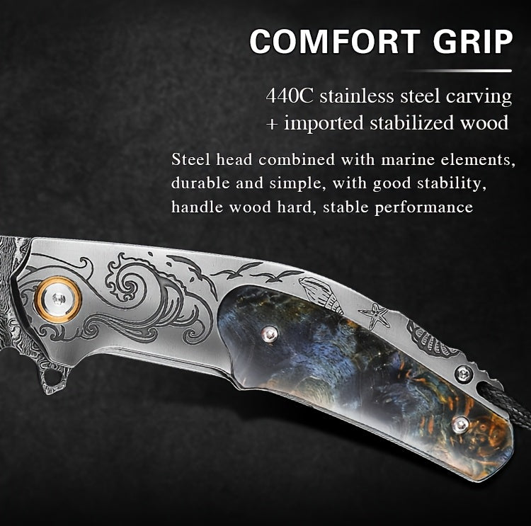 High Quality Men'S Folding Pocket Knife, 3.6 Inch Damascus Steel Folding Knife With Cowhide Sheath, Sea Wave Engraving Pattern, Stabilized Wood Handle With Pocket Clip, Suitable For Camping And Hiking, EDC Expedition Fishing