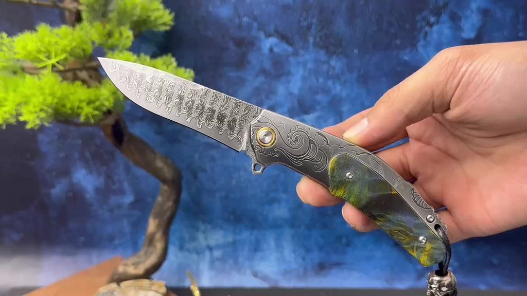 High Quality Men'S Folding Pocket Knife, 3.6 Inch Damascus Steel Folding Knife With Cowhide Sheath, Sea Wave Engraving Pattern, Stabilized Wood Handle With Pocket Clip, Suitable For Camping And Hiking, EDC Expedition Fishing