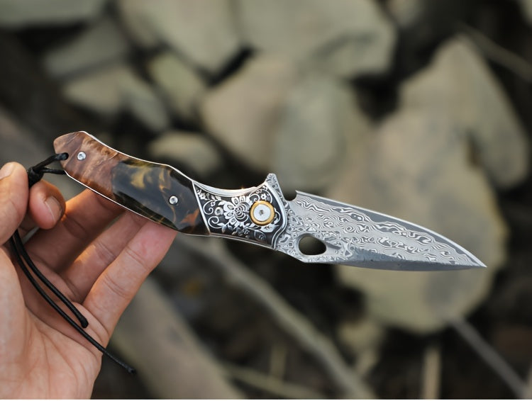 Elite Damascus Steel Pocket Knife - High-Carbon, Razor-Sharp, Ergonomic Maple Handle, Premium Sheath, Ultimate Camping, Survival, Mountaineering, Hiking, Fishing, EDC Companion for Men and Women