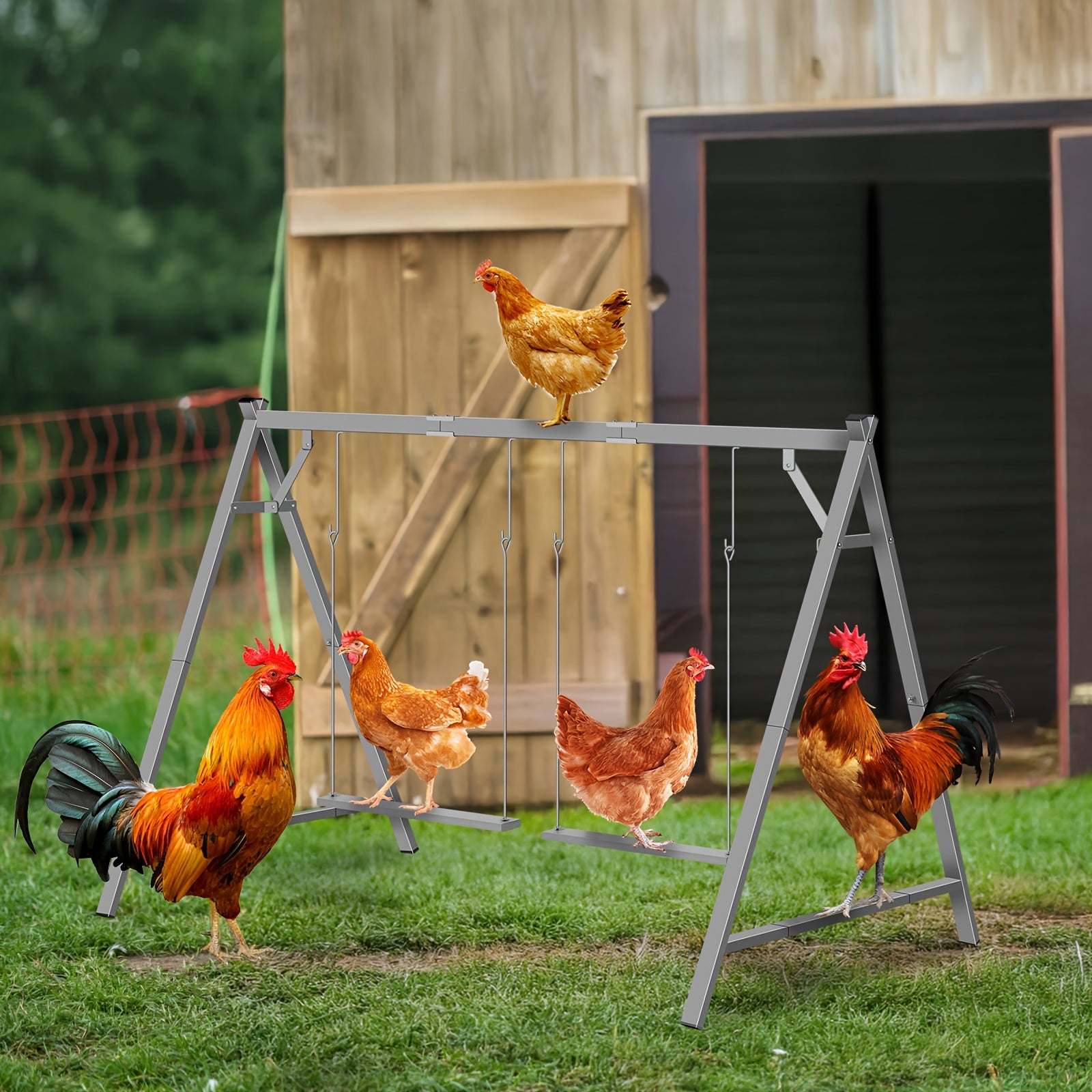 Heavy-Duty Chicken Perch with 2 Swings & Roosting Bars - Sturdy Construction, Chicken Coop Climbing Gym, Exercise & Mental Stimulation Activity Center for hens, chicks - Indoor/Outdoor Farm or backyard use - Pet Chicken Acces