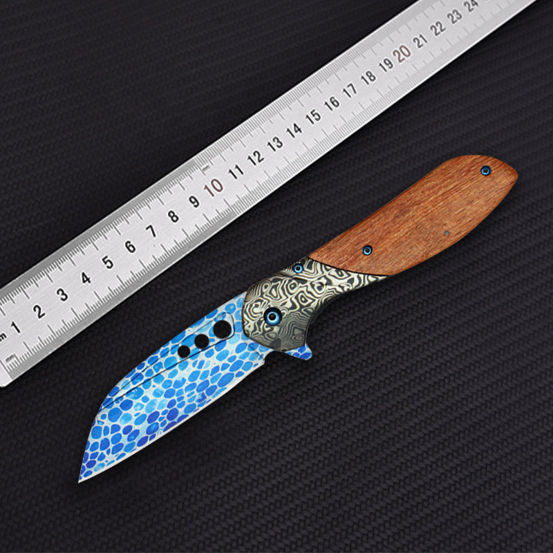 Blue Patterned Wood Damascus Pocket Knife with Clip, Camping, Carving, Fishing, Hiking