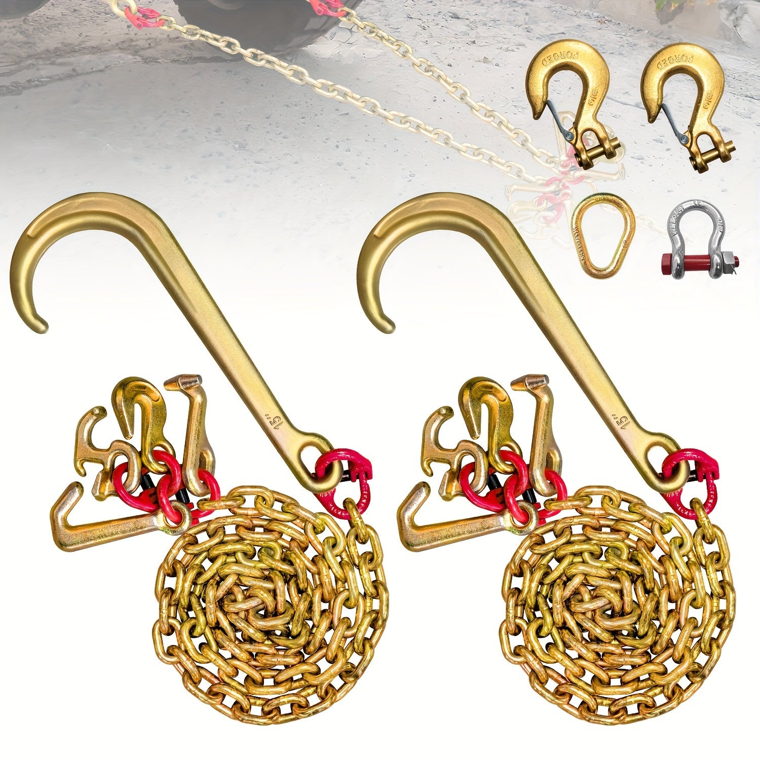 Heavy-Duty 5/16in x 6ft G80 Car Rescue J Hooks Towing Chain - Grab Hooks with 4700lbs WLL, 15in J-Hook, RTJ, Grab & Safety Hook, 5-in-1 V-Bridle Tow Chain for Truck, Farm, Motor Vehicle, Trailer Safety and Recovery