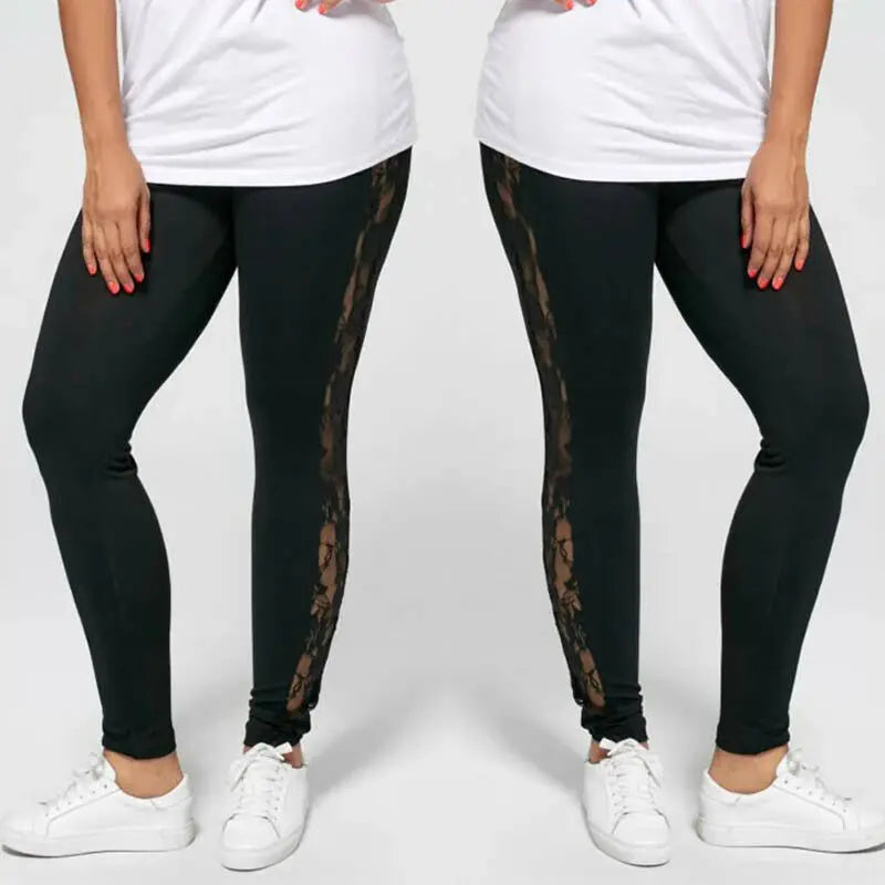 Womens Sexy Leggings Floral Lace Pants Side Sheer Black Leggings Slim Stretch Sexy Trousers Size L-3XL