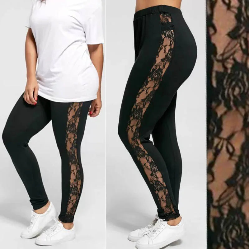 Womens Sexy Leggings Floral Lace Pants Side Sheer Black Leggings Slim Stretch Sexy Trousers Size L-3XL