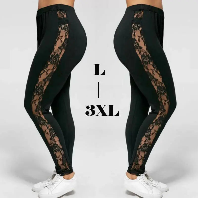 Womens Sexy Leggings Floral Lace Pants Side Sheer Black Leggings Slim Stretch Sexy Trousers Size L-3XL