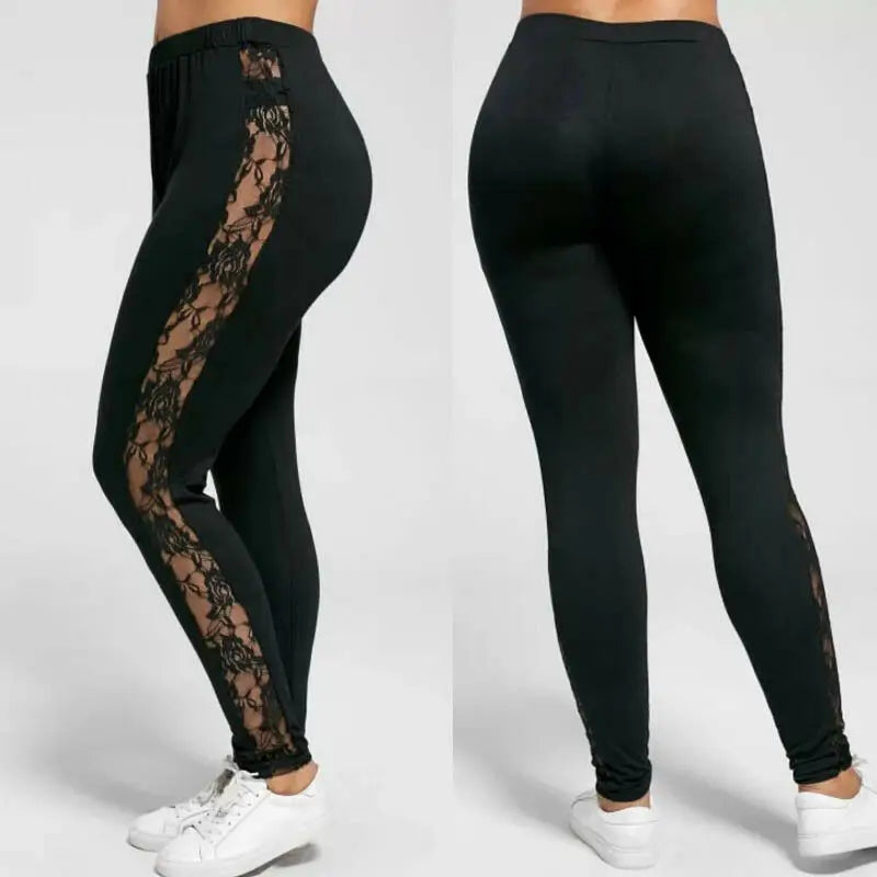 Womens Sexy Leggings Floral Lace Pants Side Sheer Black Leggings Slim Stretch Sexy Trousers Size L-3XL