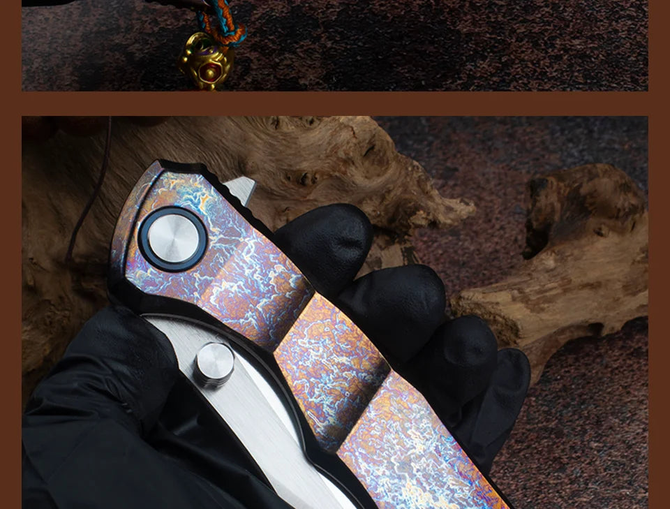 Blue Flame Titanium Handle Folding Knife with VG10 Blade, Titanium EDC Pocket Knife, Outdoor Camping Hunting Survival Tool Anti