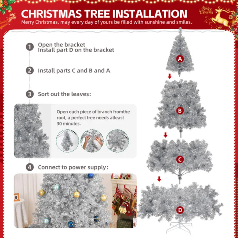 8Ft Sier PET Christmas Tree 1350 Branches Automatic Structure - Artificial Xmas Decor Indoor Easy Assemble Holiday Decoration