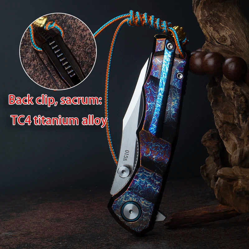 Blue Flame Titanium Handle Folding Knife with VG10 Blade, Titanium EDC Pocket Knife, Outdoor Camping Hunting Survival Tool Anti