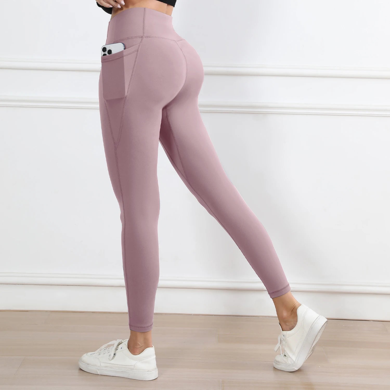 Women Leggings with Pockets Solid Color High Waist Butt Lifting Workout Tights Slim Elastic Pants Casual Wear