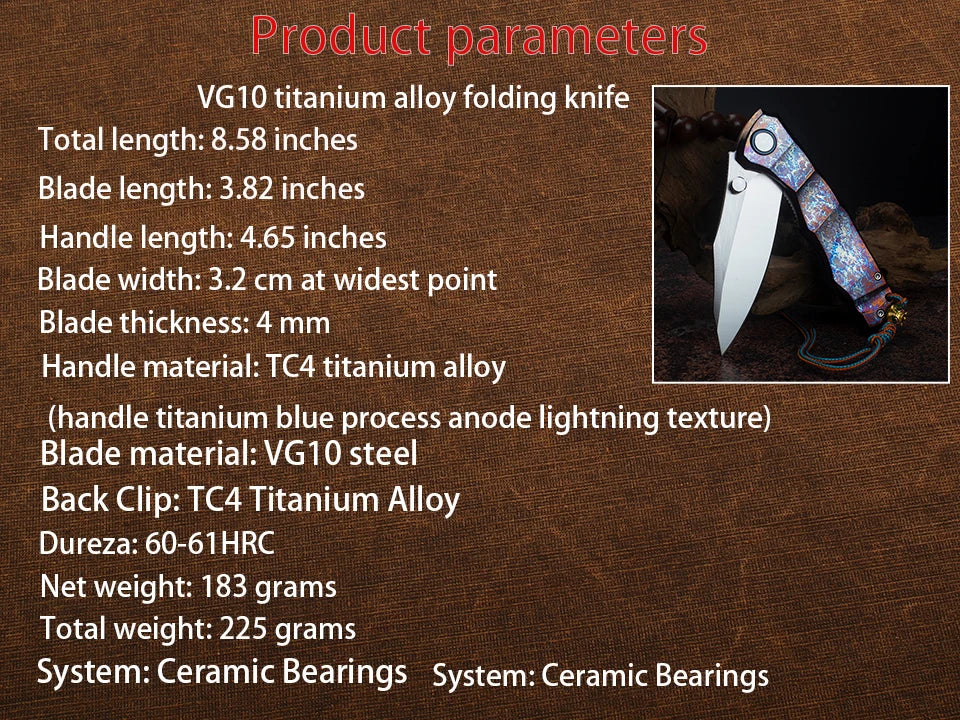 Blue Flame Titanium Handle Folding Knife with VG10 Blade, Titanium EDC Pocket Knife, Outdoor Camping Hunting Survival Tool Anti